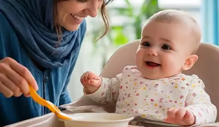 کودک روی صندلی غذا در کنار مادر و کاسهٔ غذای کمکی