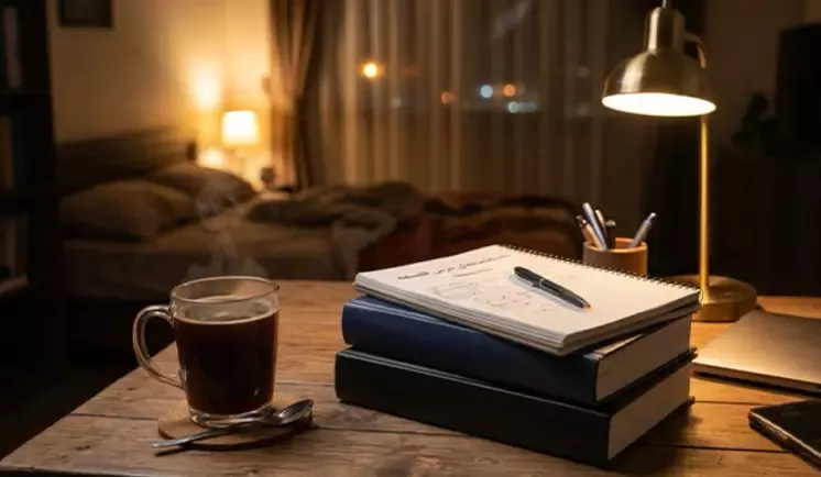 فنجان قهوه کنار کتاب‌ها و دفتر یادداشت زیر نور چراغ مطالعه در شب